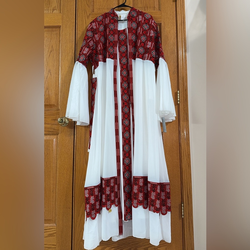White & Red Abaya 3pc Plus Size 5 (2X) Embroidered Middle Eastern Formal Dress